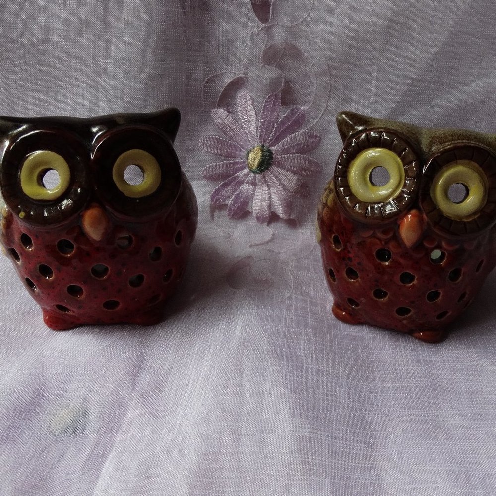 Vintage Clay Pottery Mini Owl Planter or Tea Light Candle Holders set of 2